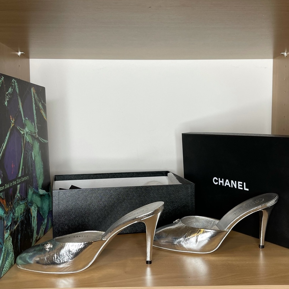 Chanel silver mules
